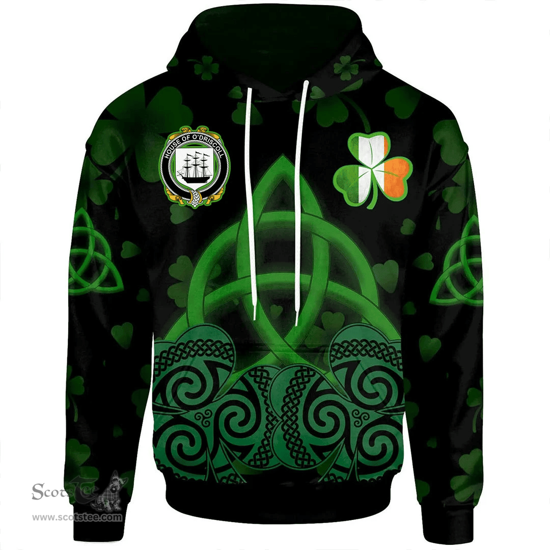 ScotsTee Shop Irish House of O'DRISCOLL Coat of Arms Irish Hoodie Celtic Knot And Shamrock Black Pattern