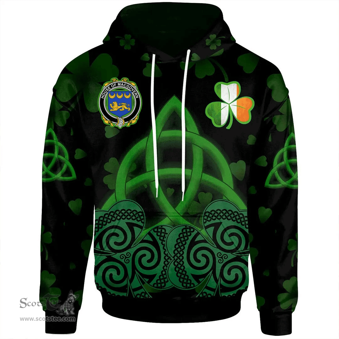 ScotsTee Shop Irish House of MACGOVERN Coat of Arms Irish Hoodie Celtic Knot And Shamrock Black Pattern