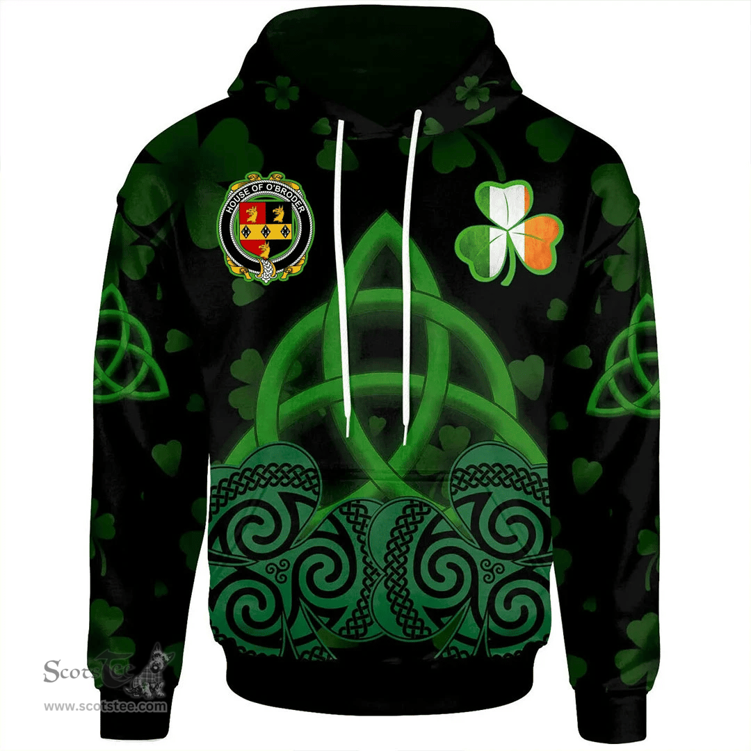 ScotsTee Shop Irish House of O'BRODER Coat of Arms Irish Hoodie Celtic Knot And Shamrock Black Pattern