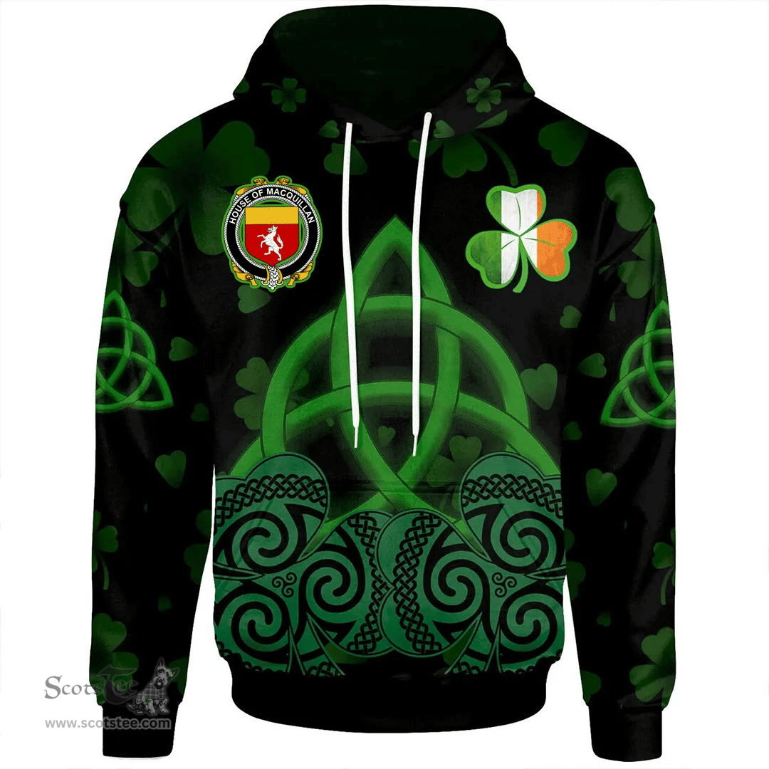 ScotsTee Shop Irish House of MACQUILLAN Coat of Arms Irish Hoodie Celtic Knot And Shamrock Black Pattern