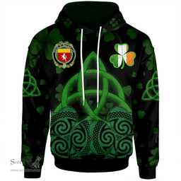 ScotsTee Shop Irish House of MACQUILLAN Coat of Arms Irish Hoodie Celtic Knot And Shamrock Black Pattern