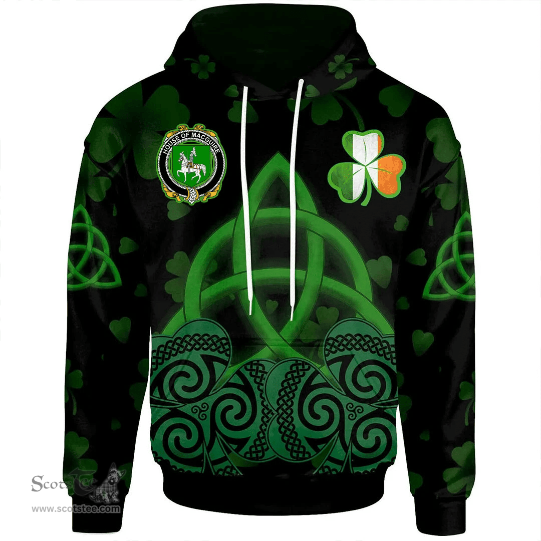 ScotsTee Shop Irish House of MACGUIRE Coat of Arms Irish Hoodie Celtic Knot And Shamrock Black Pattern