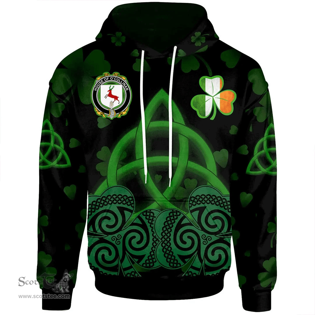 ScotsTee Shop Irish House of O'CULLINAN Coat of Arms Irish Hoodie Celtic Knot And Shamrock Black Pattern