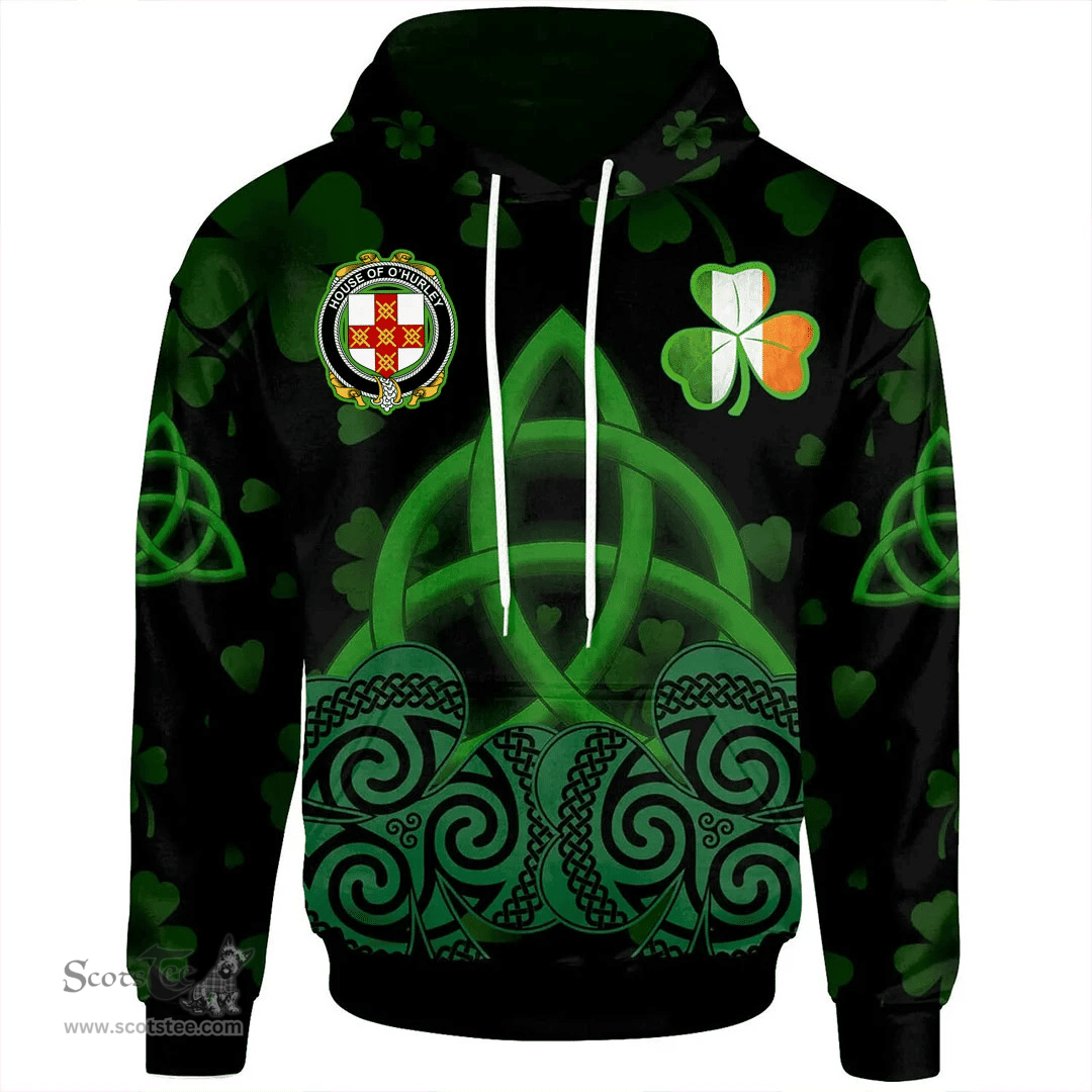 ScotsTee Shop Irish House of O'HURLEY Coat of Arms Irish Hoodie Celtic Knot And Shamrock Black Pattern