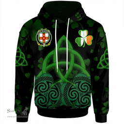 ScotsTee Shop Irish House of O'HURLEY Coat of Arms Irish Hoodie Celtic Knot And Shamrock Black Pattern