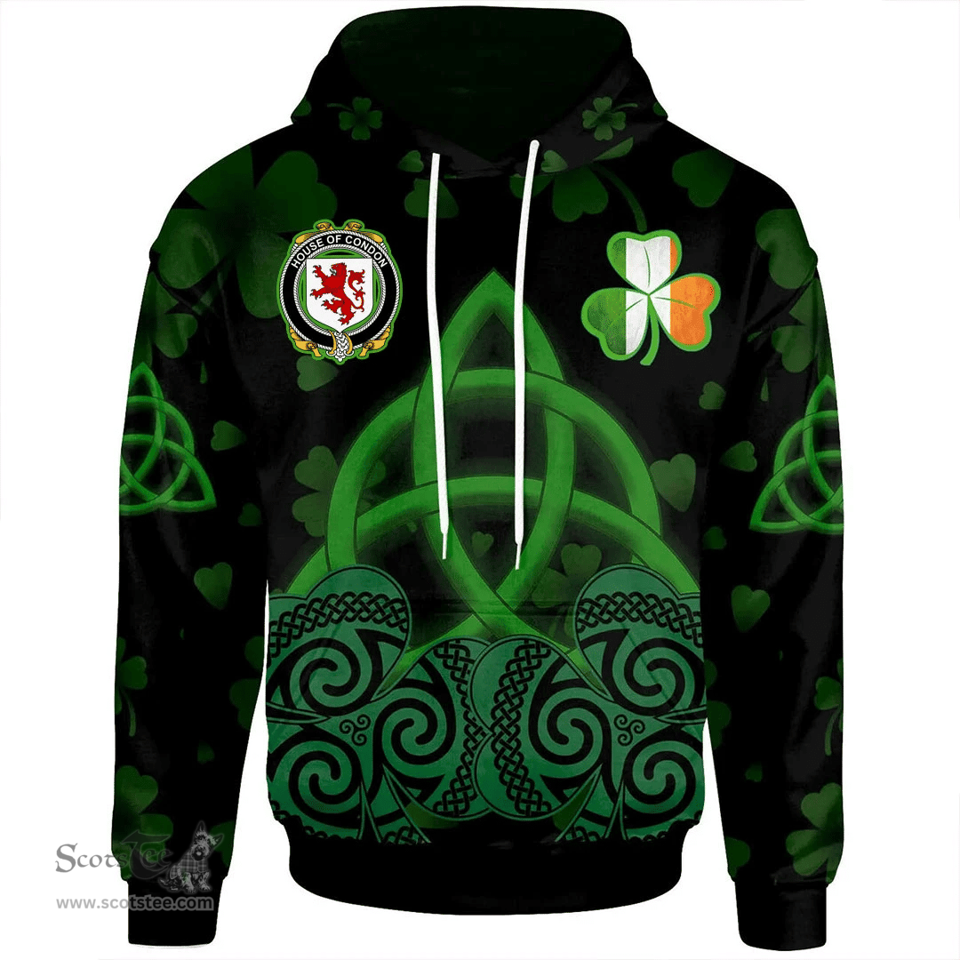ScotsTee Shop Irish House of CONDON Coat of Arms Irish Hoodie Celtic Knot And Shamrock Black Pattern