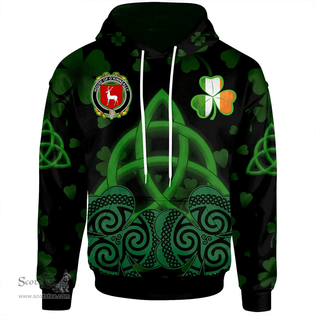 ScotsTee Shop Irish House of O'KINNEALLY Coat of Arms Irish Hoodie Celtic Knot And Shamrock Black Pattern