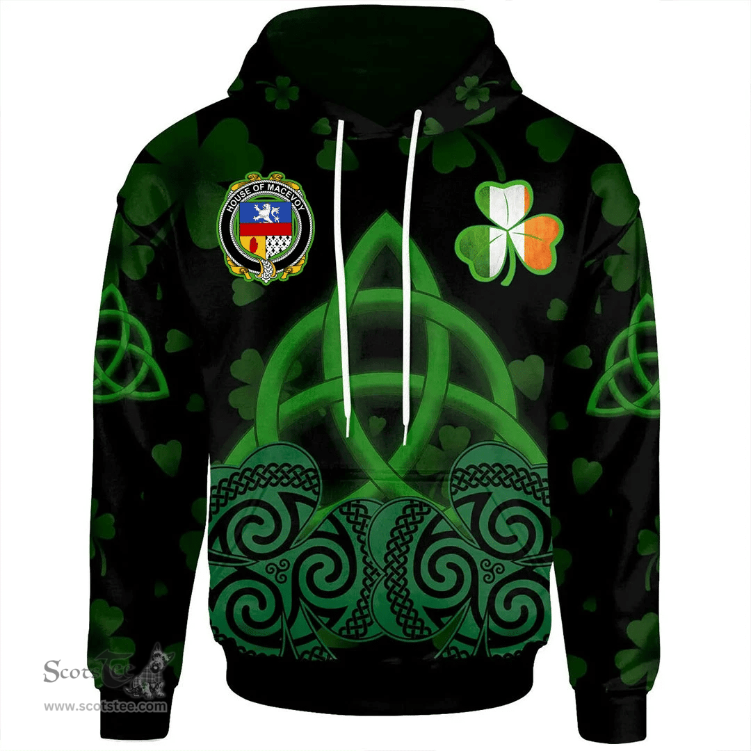 ScotsTee Shop Irish House of MACEVOY Coat of Arms Irish Hoodie Celtic Knot And Shamrock Black Pattern