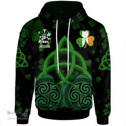 ScotsTee Shop Irish Newsom or Newsam Coat of Arms Irish Hoodie Celtic Knot And Shamrock Black Pattern