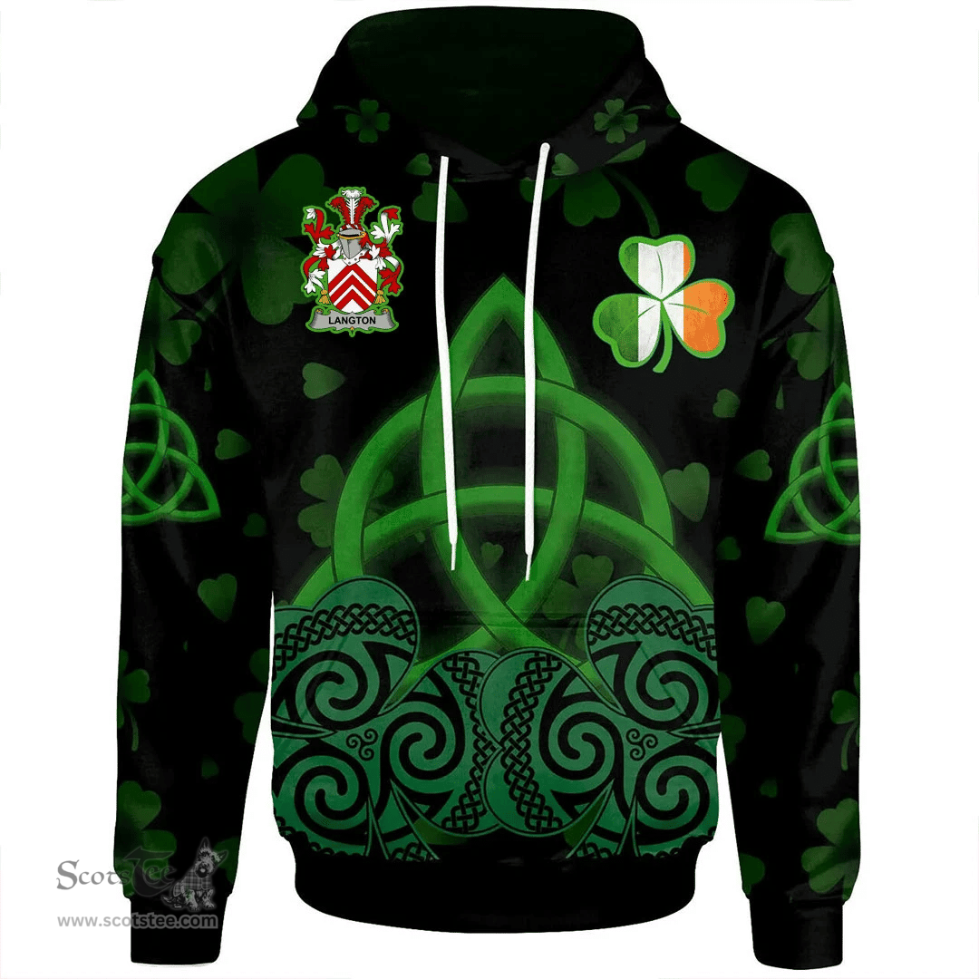 ScotsTee Shop Irish Langton Coat of Arms Irish Hoodie Celtic Knot And Shamrock Black Pattern