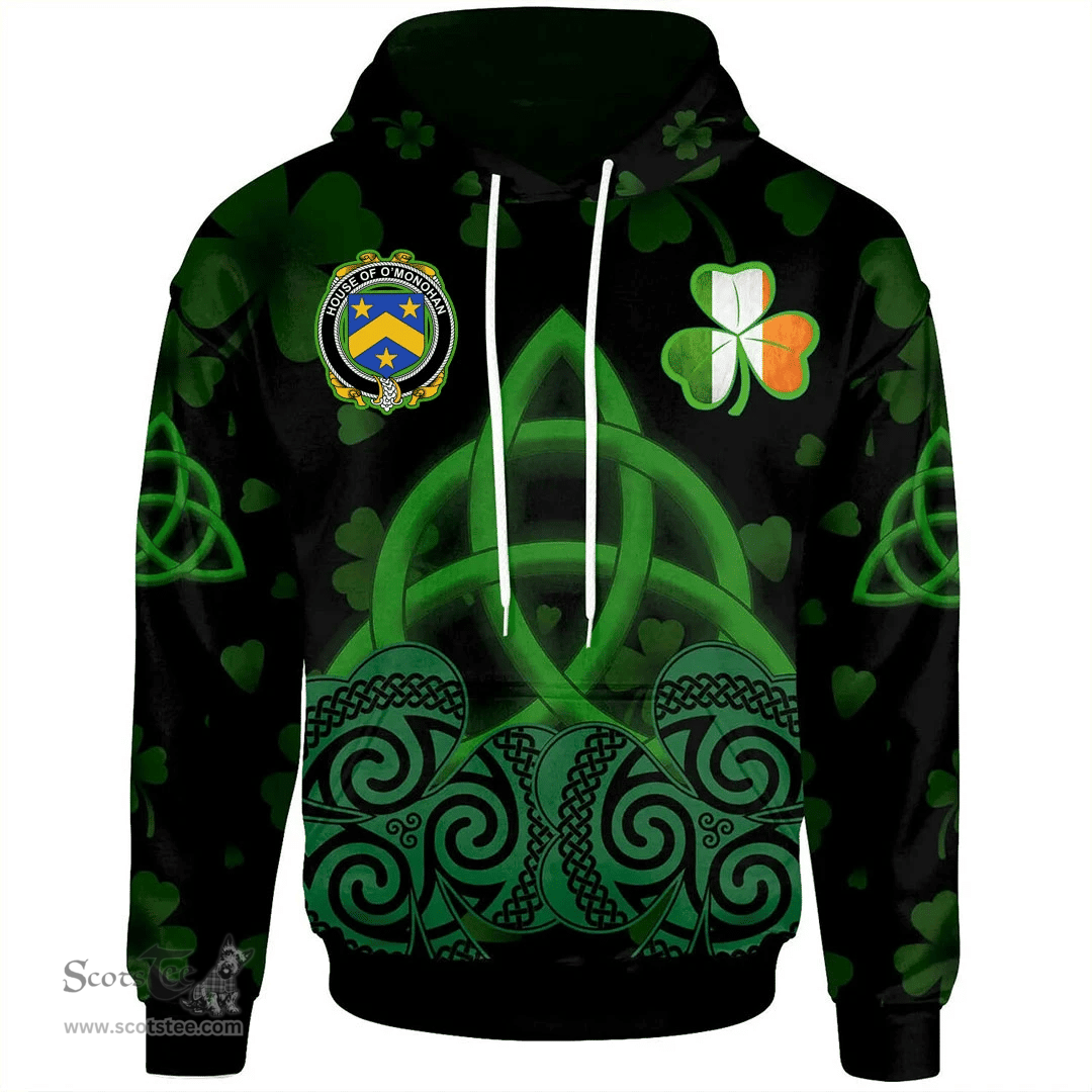 ScotsTee Shop Irish House of O'MONOHAN Coat of Arms Irish Hoodie Celtic Knot And Shamrock Black Pattern