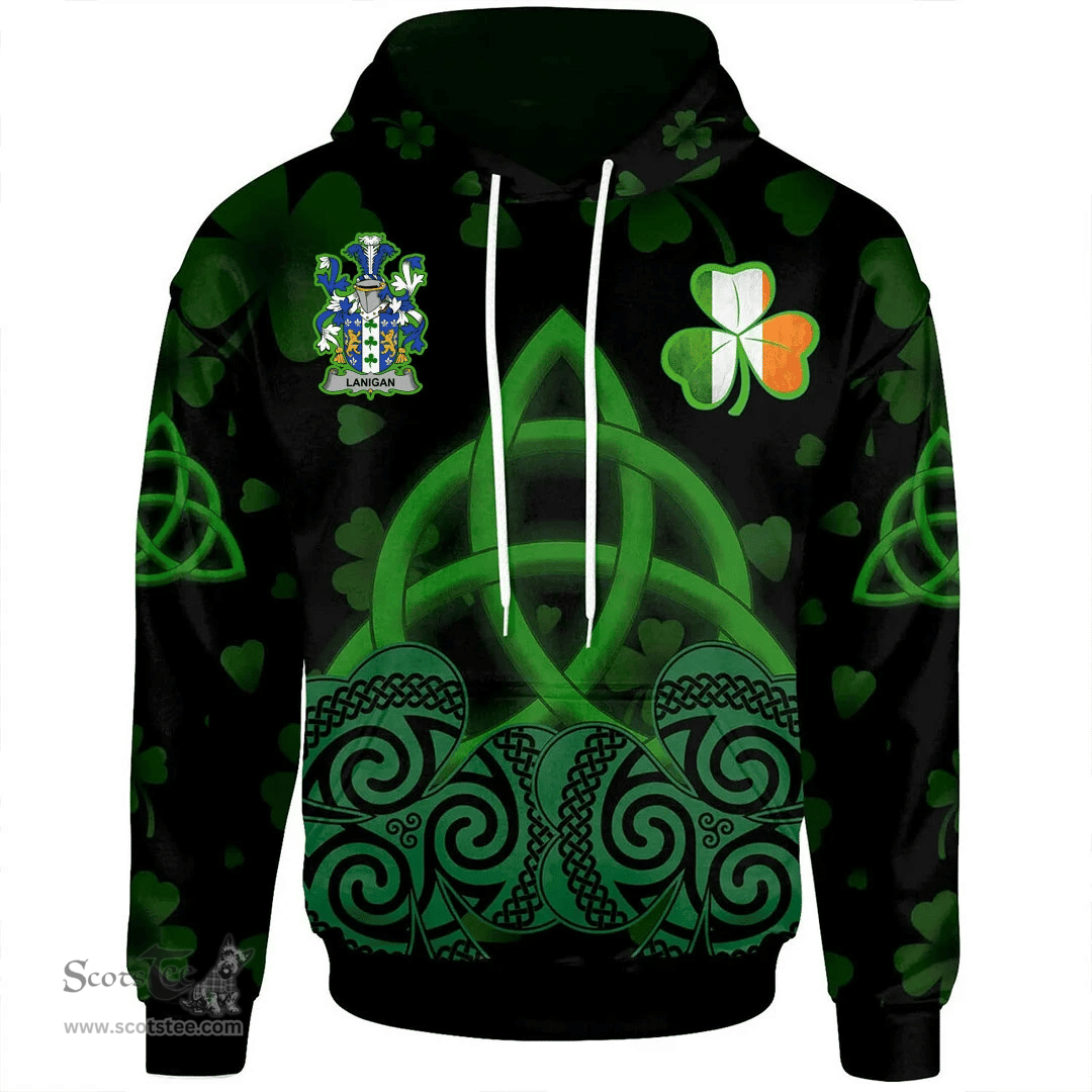 ScotsTee Shop Irish Lanigan or O'Lenigan Coat of Arms Irish Hoodie Celtic Knot And Shamrock Black Pattern