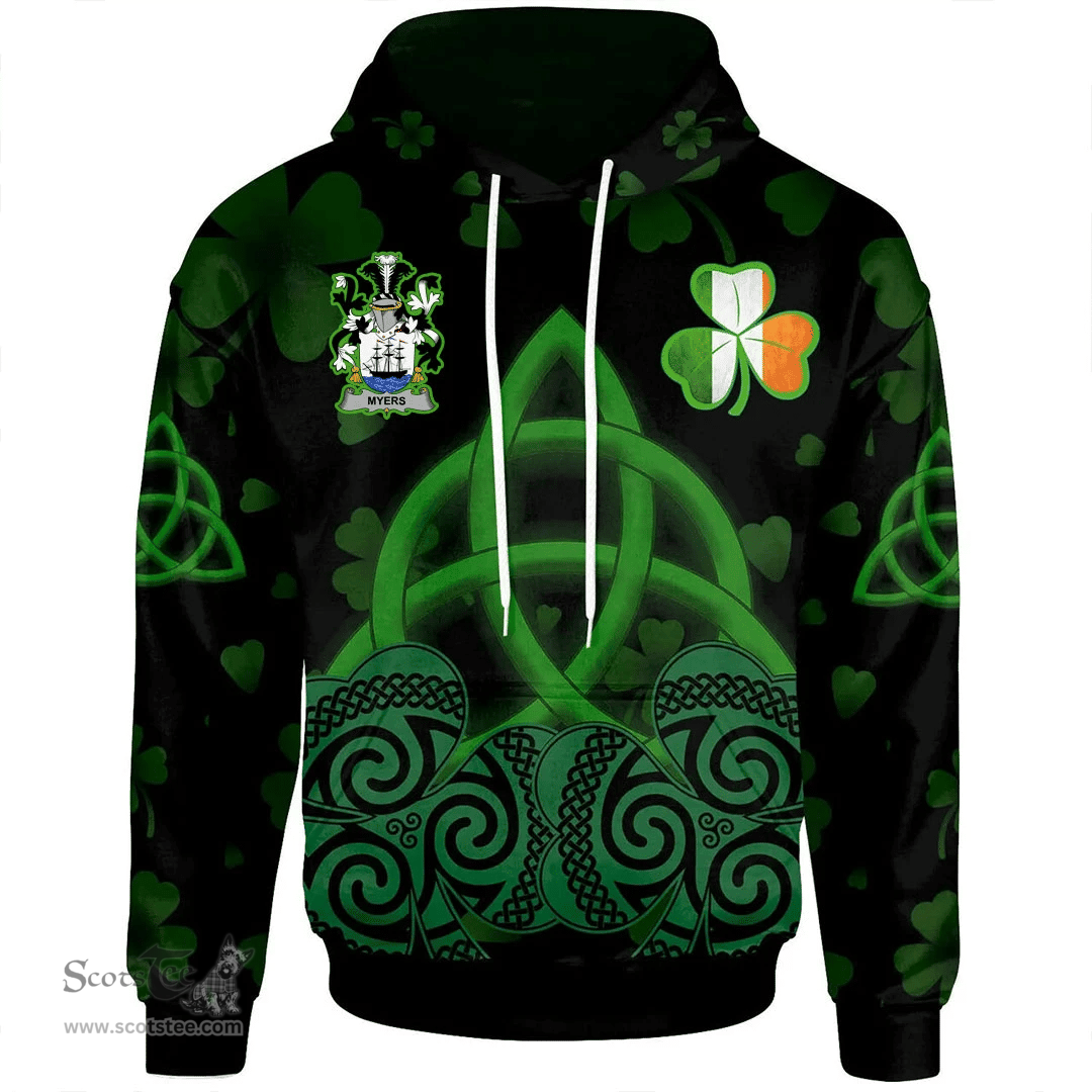 ScotsTee Shop Irish Myers Coat of Arms Irish Hoodie Celtic Knot And Shamrock Black Pattern