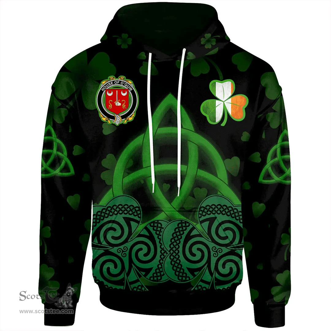 ScotsTee Shop Irish House of O'QUIN (Thomond) Coat of Arms Irish Hoodie Celtic Knot And Shamrock Black Pattern