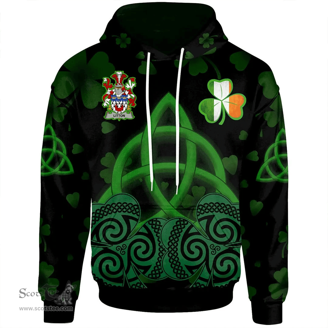 ScotsTee Shop Irish Litton Coat of Arms Irish Hoodie Celtic Knot And Shamrock Black Pattern