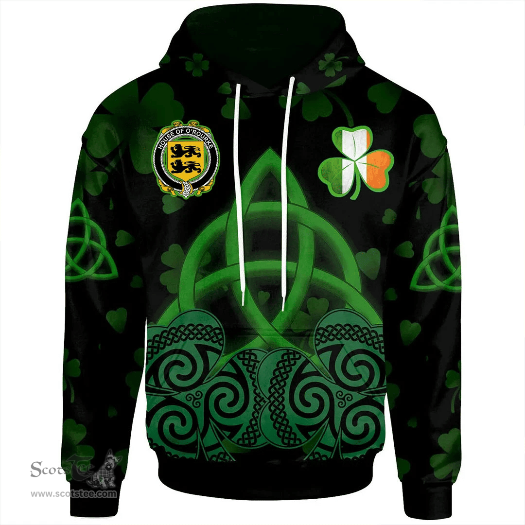 ScotsTee Shop Irish House of O'ROURKE Coat of Arms Irish Hoodie Celtic Knot And Shamrock Black Pattern
