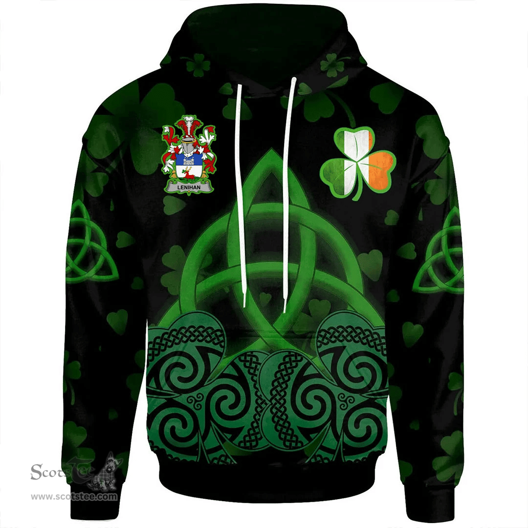 ScotsTee Shop Irish Lenihan or O'Lenaghan Coat of Arms Irish Hoodie Celtic Knot And Shamrock Black Pattern