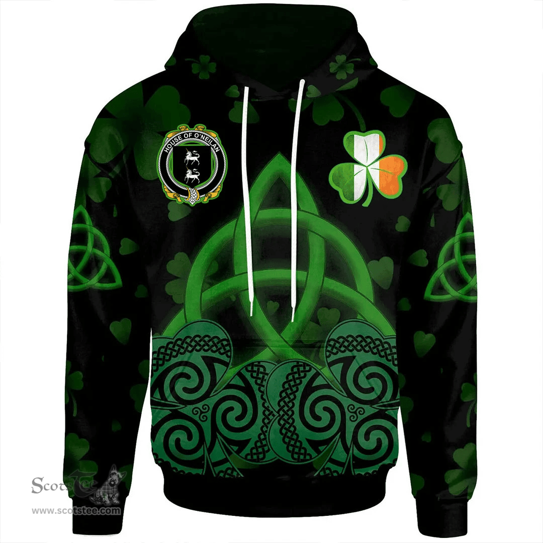 ScotsTee Shop Irish House of O'NEILAN Coat of Arms Irish Hoodie Celtic Knot And Shamrock Black Pattern