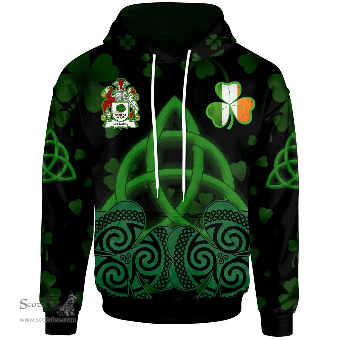 ScotsTee Shop Irish McCluskey Coat of Arms Irish Hoodie Celtic Knot And Shamrock Black Pattern