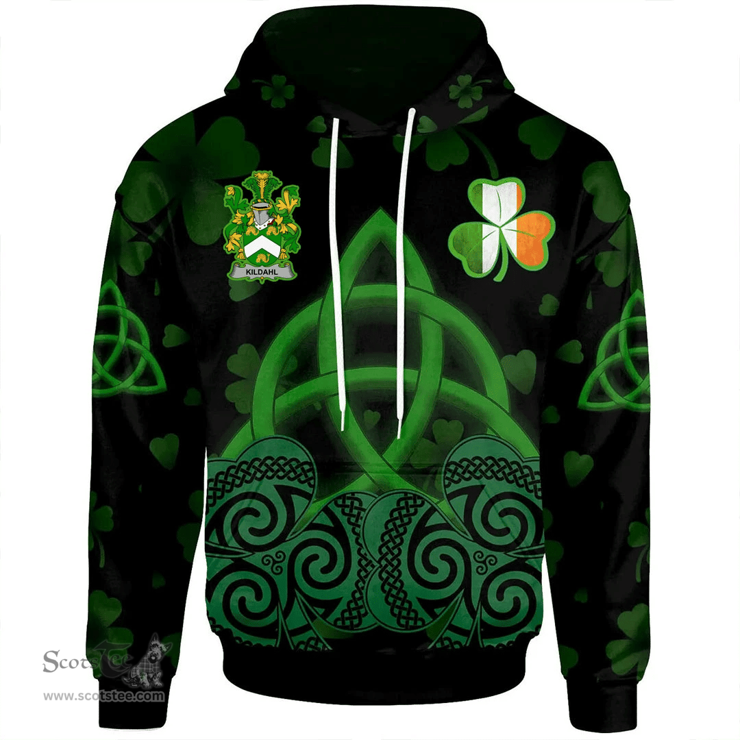 ScotsTee Shop Irish Kildahl Coat of Arms Irish Hoodie Celtic Knot And Shamrock Black Pattern