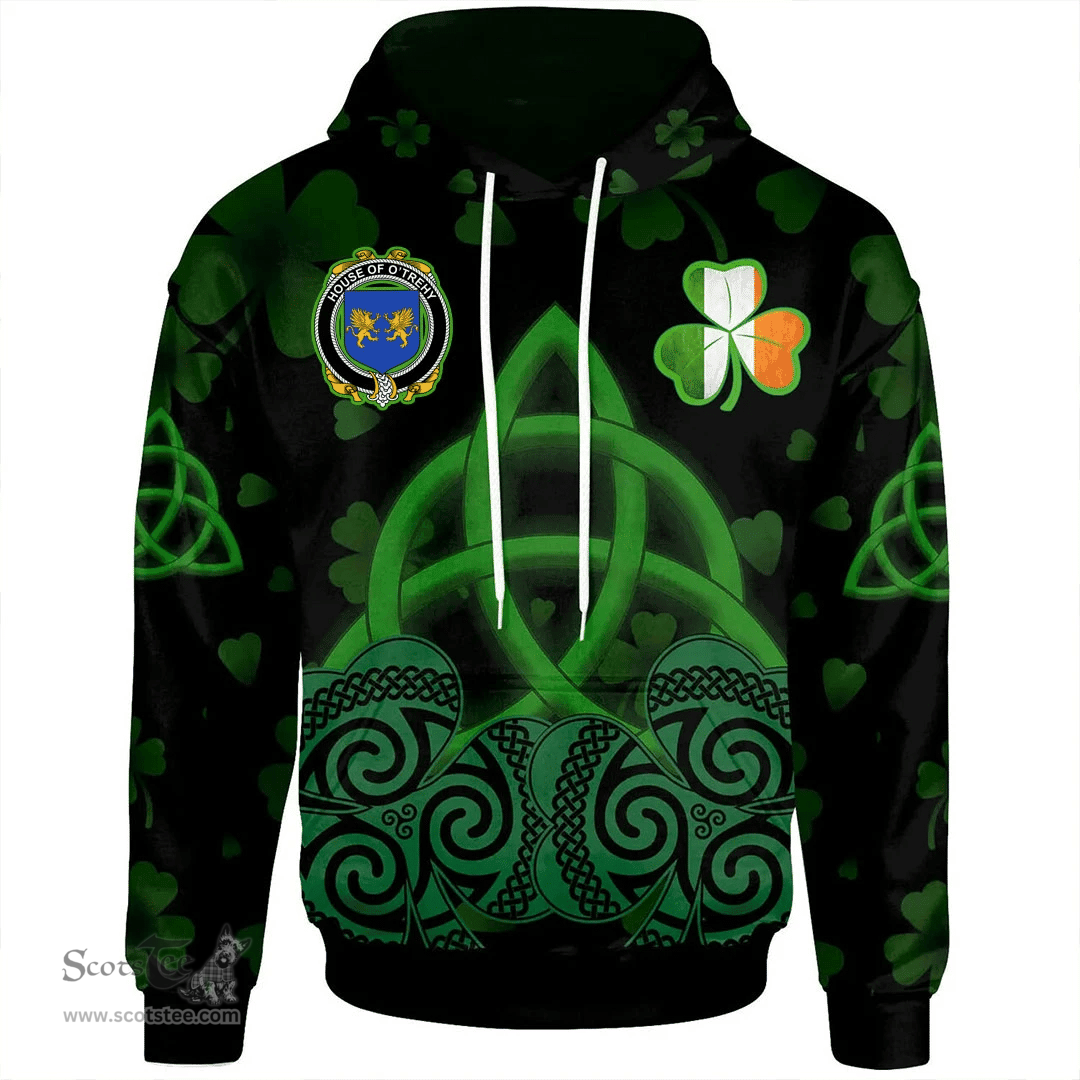 ScotsTee Shop Irish House of O'TREHY (Troy) Coat of Arms Irish Hoodie Celtic Knot And Shamrock Black Pattern