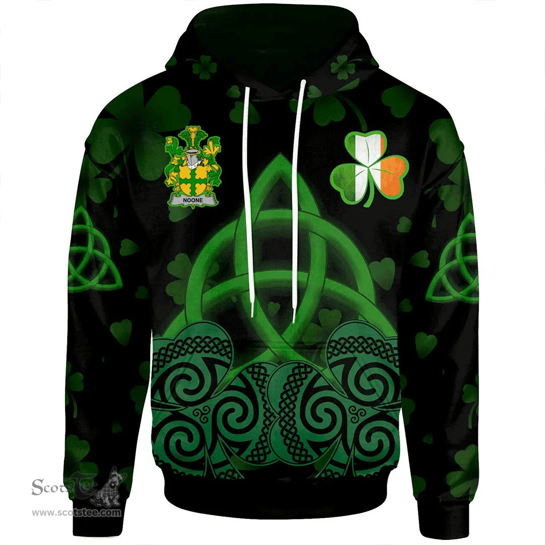 ScotsTee Shop Irish Noone or O'Noone Coat of Arms Irish Hoodie Celtic Knot And Shamrock Black Pattern