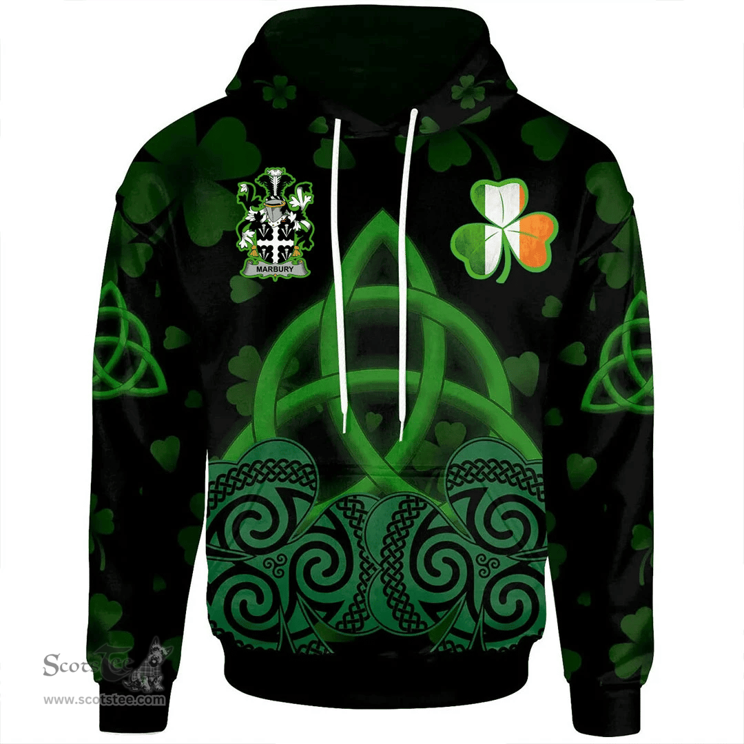 ScotsTee Shop Irish Marbury or Maybery Coat of Arms Irish Hoodie Celtic Knot And Shamrock Black Pattern