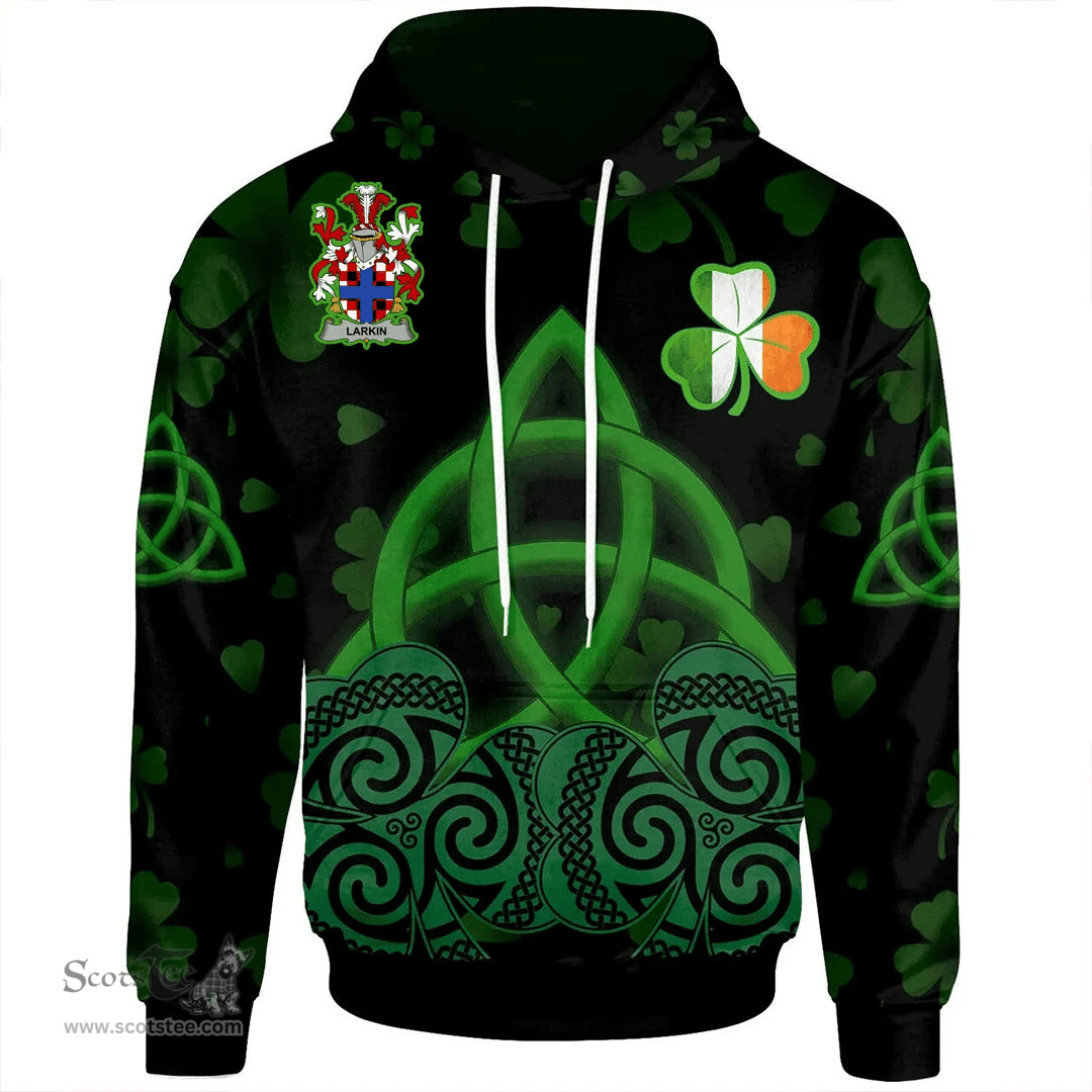 ScotsTee Shop Irish Larkin or O'Larkin Coat of Arms Irish Hoodie Celtic Knot And Shamrock Black Pattern