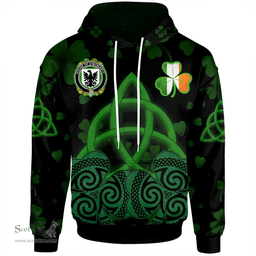 ScotsTee Shop Irish House of O'MORIARTY Coat of Arms Irish Hoodie Celtic Knot And Shamrock Black Pattern
