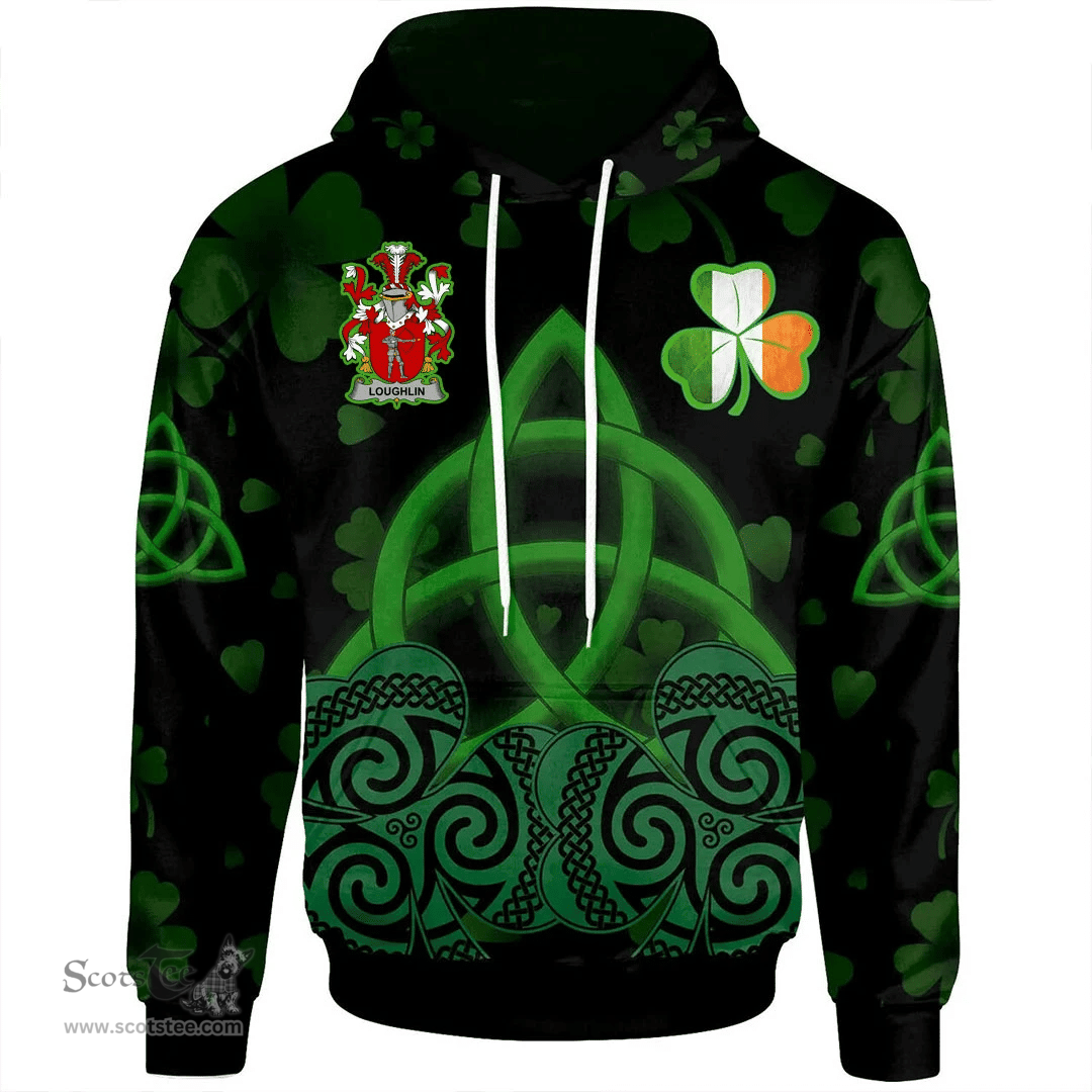 ScotsTee Shop Irish Loughlin or O'Loughlin Coat of Arms Irish Hoodie Celtic Knot And Shamrock Black Pattern