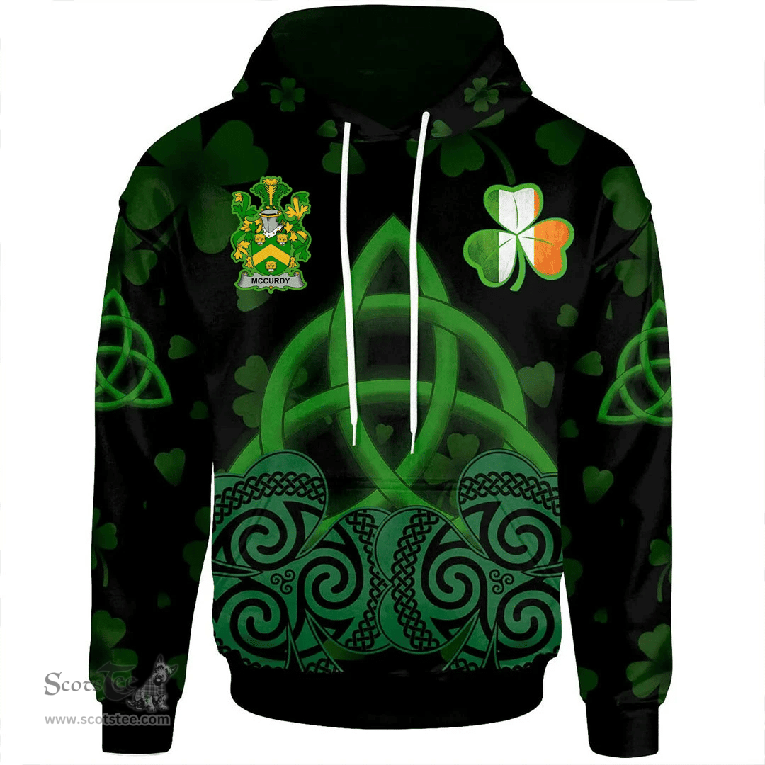 ScotsTee Shop Irish McCurdy or Curdy Coat of Arms Irish Hoodie Celtic Knot And Shamrock Black Pattern