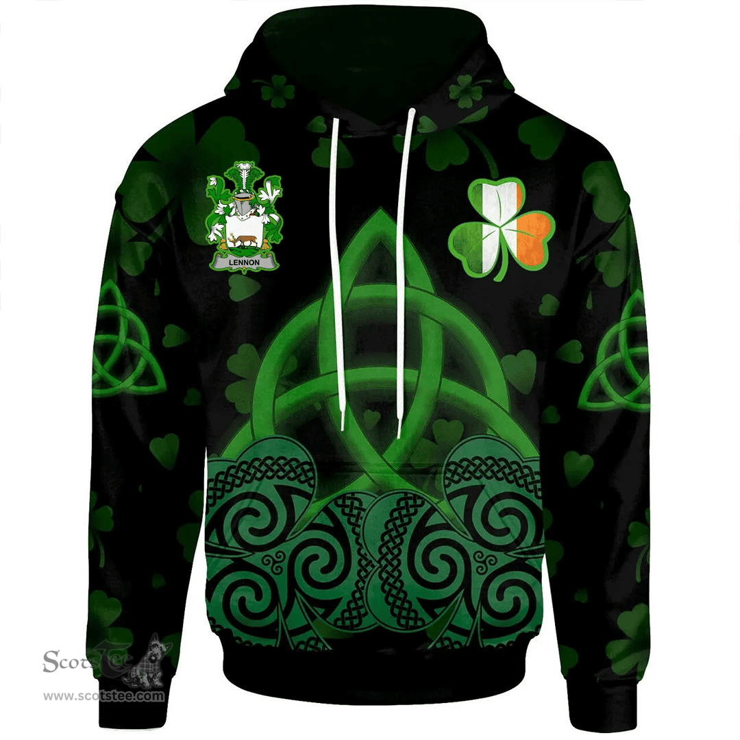 ScotsTee Shop Irish Lennon or O'Lennon Coat of Arms Irish Hoodie Celtic Knot And Shamrock Black Pattern