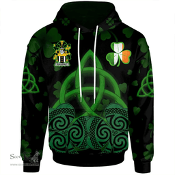 ScotsTee Shop Irish Kelleher or O'Kelleher Coat of Arms Irish Hoodie Celtic Knot And Shamrock Black Pattern