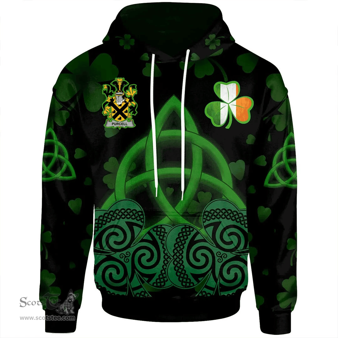 ScotsTee Shop Irish Purcell Coat of Arms Irish Hoodie Celtic Knot And Shamrock Black Pattern