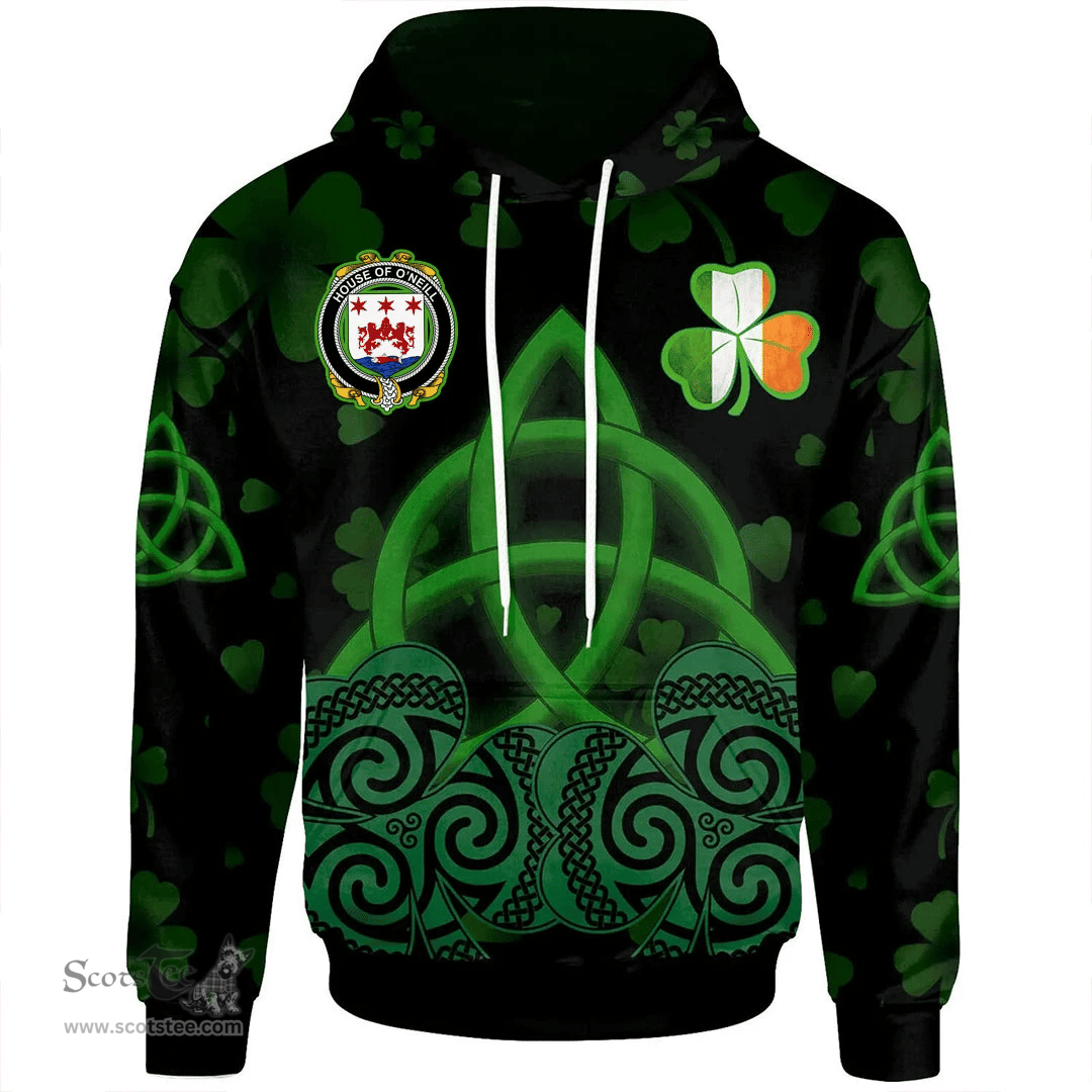 ScotsTee Shop Irish House of O'NEILL Coat of Arms Irish Hoodie Celtic Knot And Shamrock Black Pattern