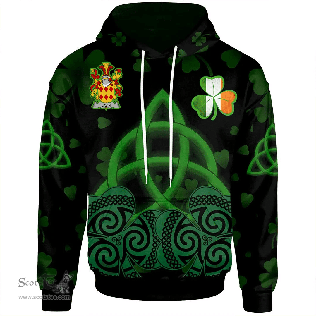 ScotsTee Shop Irish Lavin or O'Lavin Coat of Arms Irish Hoodie Celtic Knot And Shamrock Black Pattern