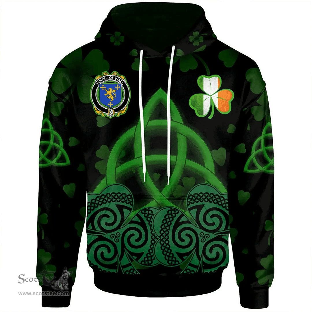 ScotsTee Shop Irish House of WALL Coat of Arms Irish Hoodie Celtic Knot And Shamrock Black Pattern