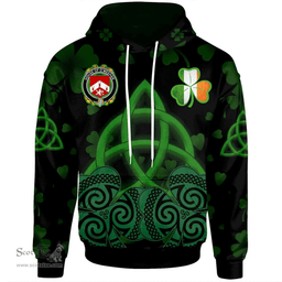 ScotsTee Shop Irish House of O'MEEHAN Coat of Arms Irish Hoodie Celtic Knot And Shamrock Black Pattern