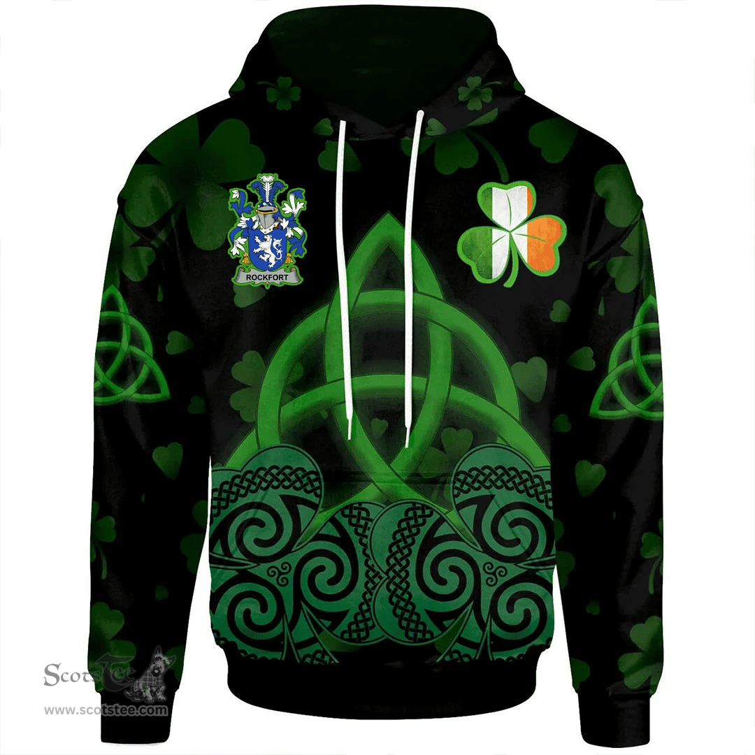 ScotsTee Shop Irish Rockfort Coat of Arms Irish Hoodie Celtic Knot And Shamrock Black Pattern