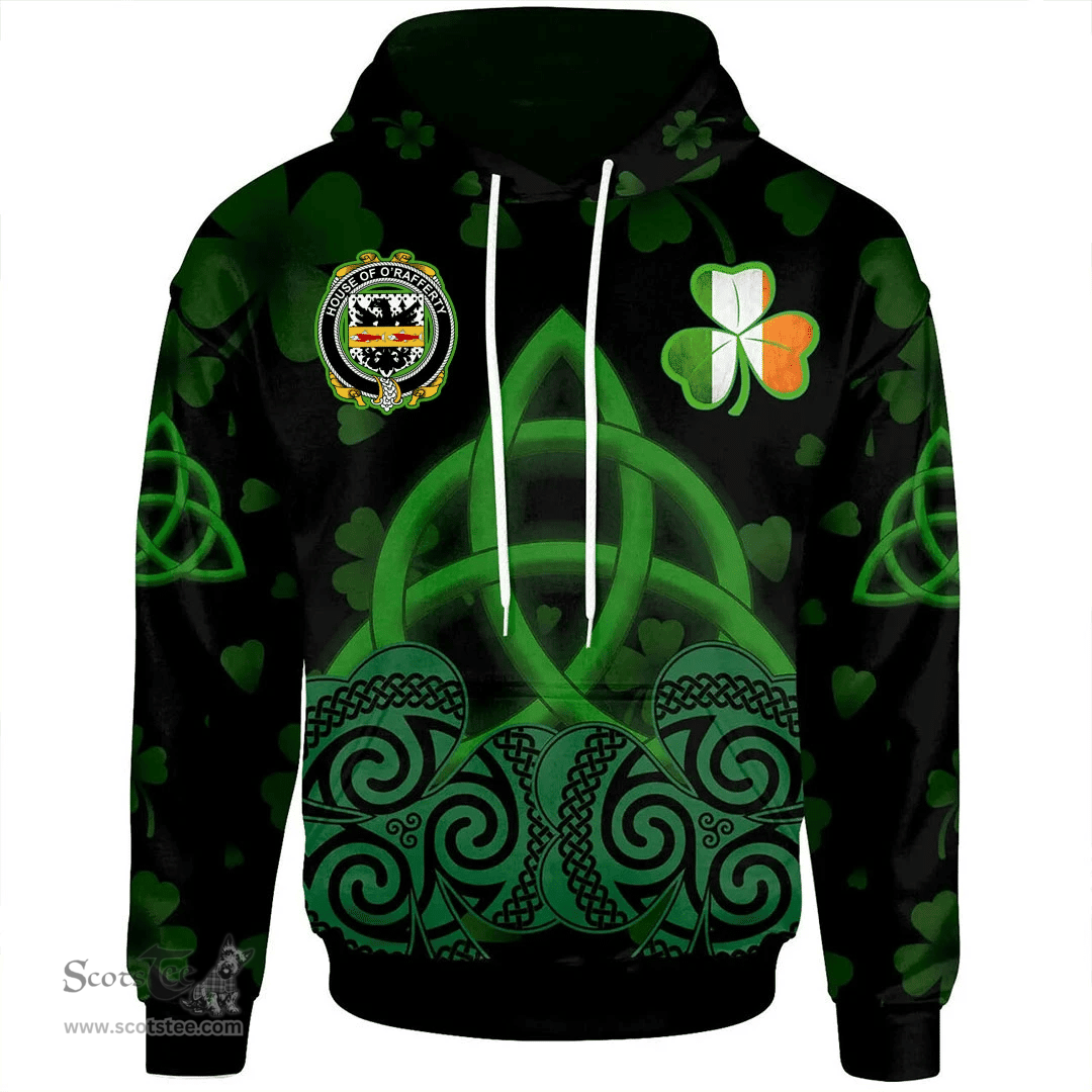 ScotsTee Shop Irish House of O'RAFFERTY Coat of Arms Irish Hoodie Celtic Knot And Shamrock Black Pattern