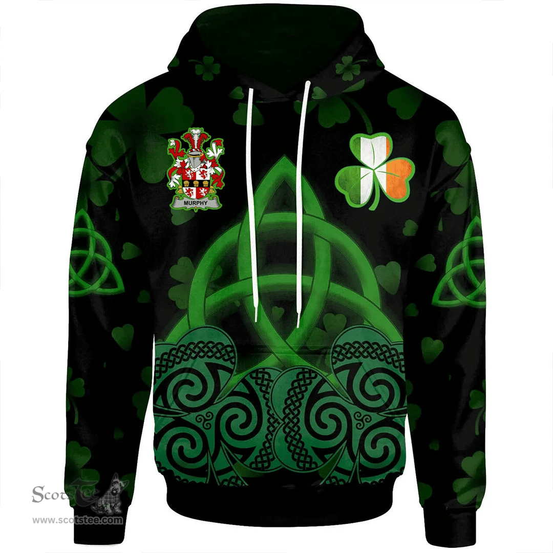 ScotsTee Shop Irish Murphy (Muskerry) Coat of Arms Irish Hoodie Celtic Knot And Shamrock Black Pattern
