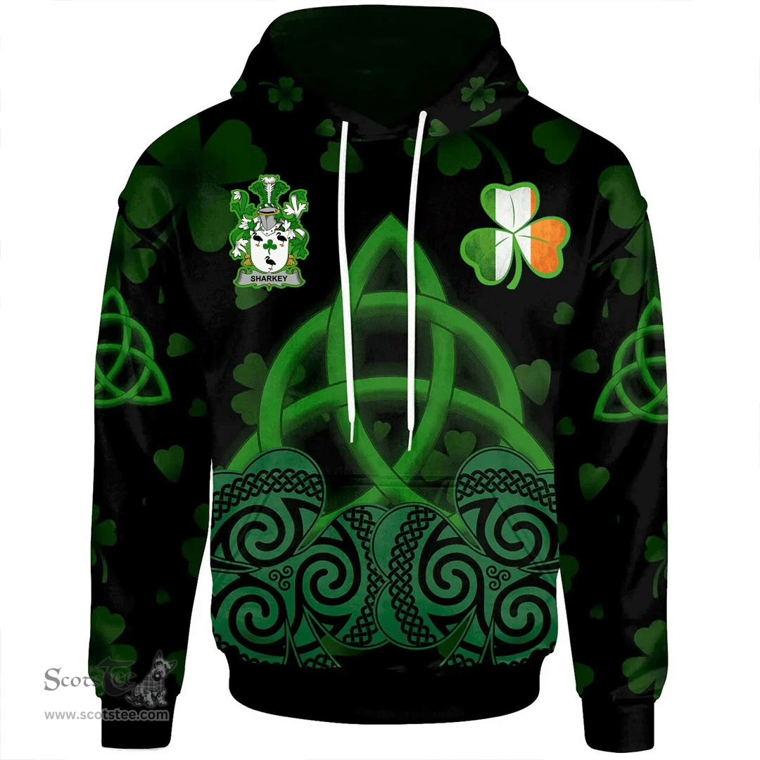 ScotsTee Shop Irish Sharkey or O'Sharkey Coat of Arms Irish Hoodie Celtic Knot And Shamrock Black Pattern
