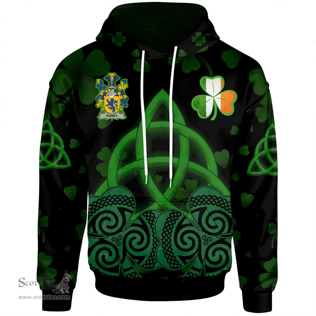 ScotsTee Shop Irish Roney or O'Rooney Coat of Arms Irish Hoodie Celtic Knot And Shamrock Black Pattern