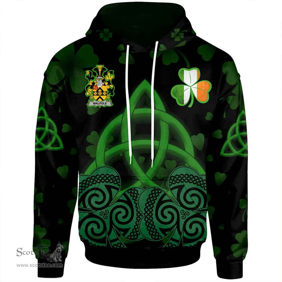 ScotsTee Shop Irish Walpole Coat of Arms Irish Hoodie Celtic Knot And Shamrock Black Pattern