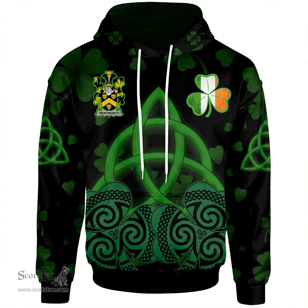 ScotsTee Shop Irish Wentworth Coat of Arms Irish Hoodie Celtic Knot And Shamrock Black Pattern