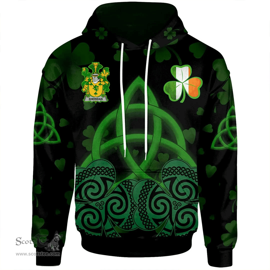 ScotsTee Shop Irish Sheridan Coat of Arms Irish Hoodie Celtic Knot And Shamrock Black Pattern