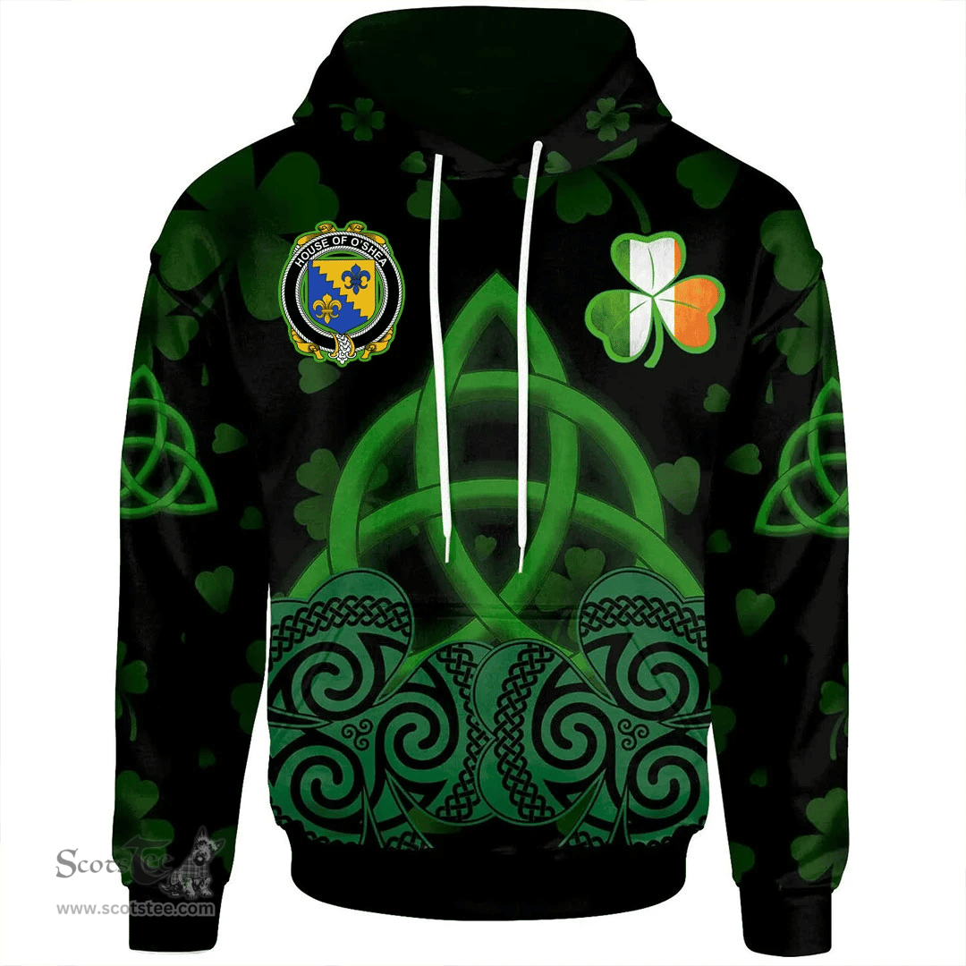 ScotsTee Shop Irish House of O'SHEA Coat of Arms Irish Hoodie Celtic Knot And Shamrock Black Pattern