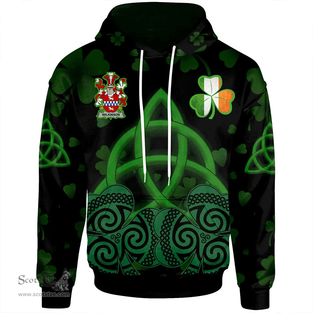 ScotsTee Shop Irish Wilkinson Coat of Arms Irish Hoodie Celtic Knot And Shamrock Black Pattern