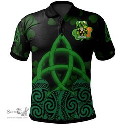 ScotsTee Shop Irish Ashmore Coat of Arms Irish Polo Shirt Celtic Knot And Shamrock Black Pattern