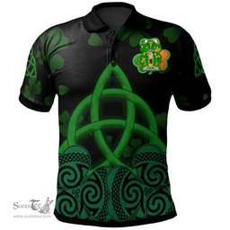 ScotsTee Shop Irish Hara or O'Hara Coat of Arms Irish Polo Shirt Celtic Knot And Shamrock Black Pattern